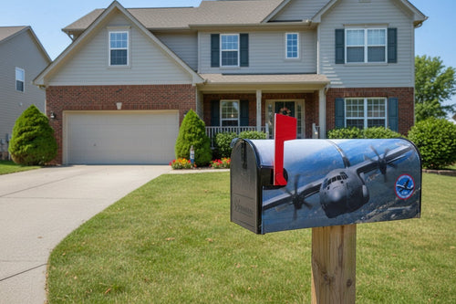 Aero Mail Covers C-130 in flight magnetic mailbox cover made of durable sailcloth canvas on a suburban mailbox.