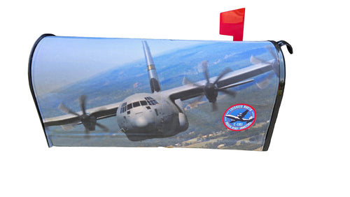Aero Mail Covers magnetic mailbox cover featuring a C-130 aircraft in flight on durable sailcloth canvas