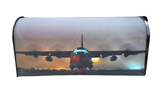 Aero Mail Covers magnetic mailbox cover featuring a C-130 aircraft at night on a durable sailcloth canvas.