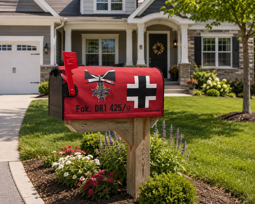 Aero Mail Covers Fokker Dr.I Red Baron mailbox cover in red sailcloth canvas with iron cross and medal graphics.