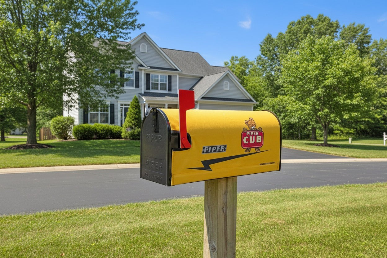 Aero Mail Covers yellow Piper Cub magnetic mailbox cover made from durable sailcloth canvas on a residential post.
